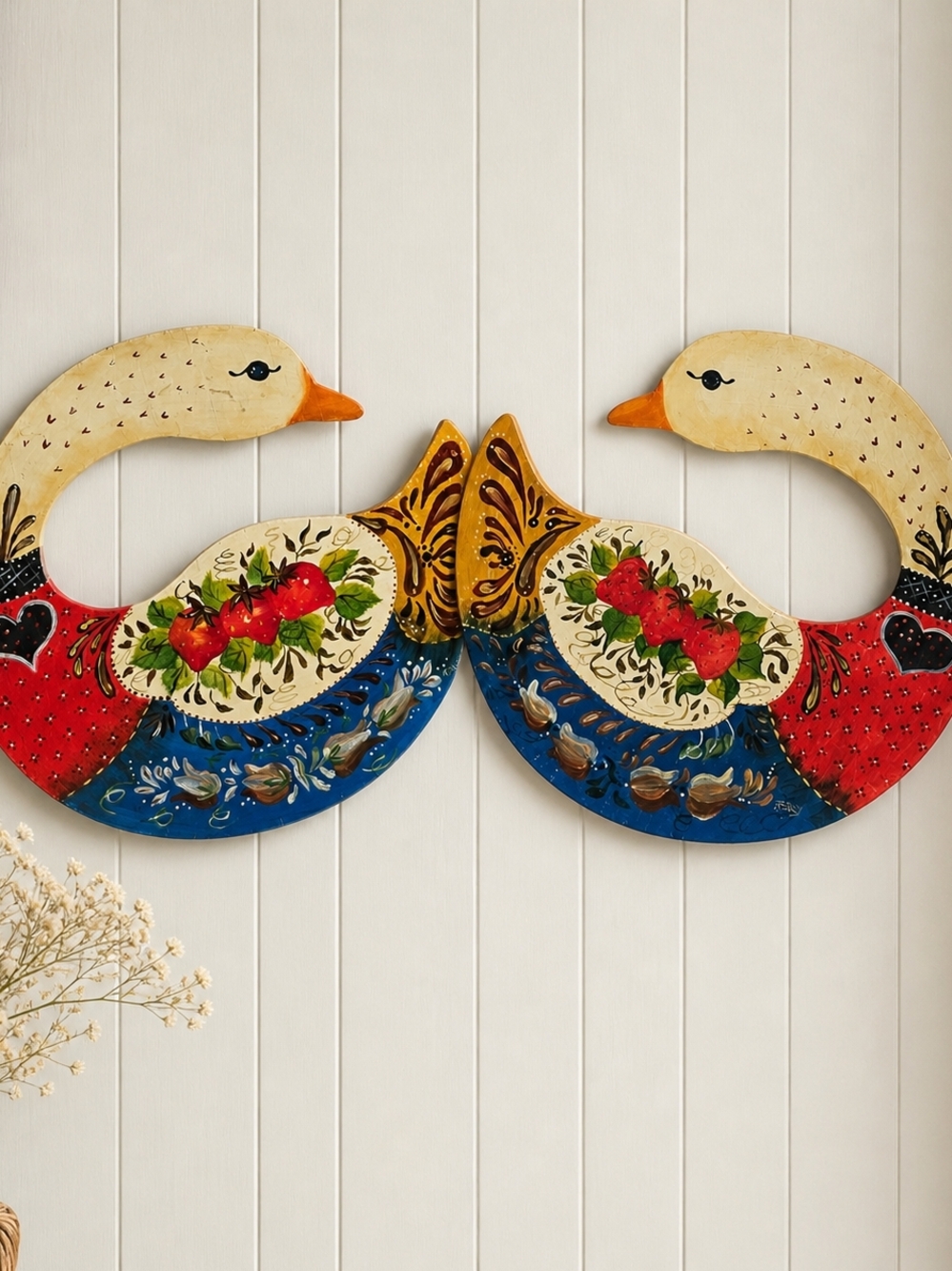 Vintage Hand Painted Wood Ducks Set 2 Folk Art Wall Decor Cottagecore